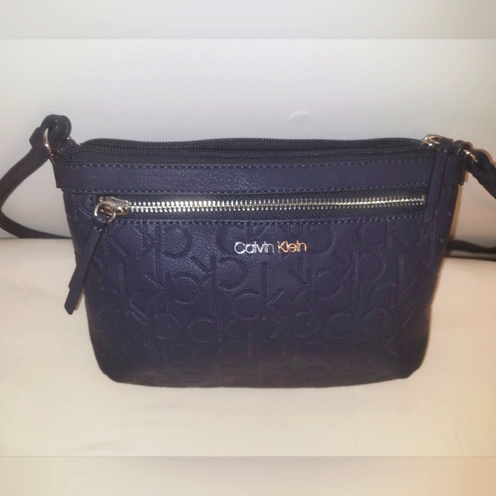 Calvin Klein Monogram Logo Zip Top Swing Bag, Navy Blue